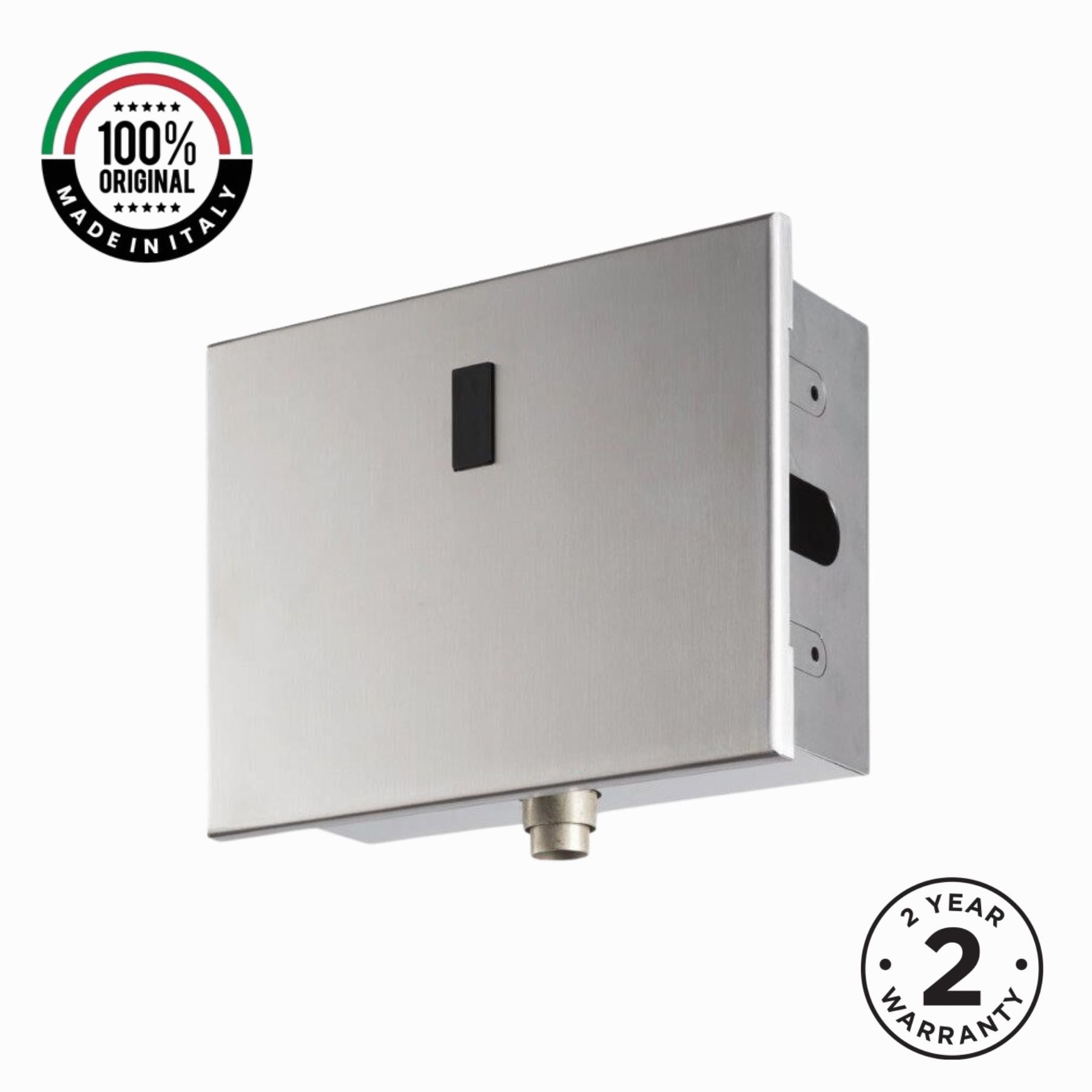 Premium electronic built-in toilet flush valve with battery powered operation, concealed installation and water-saving flow limiter technology.