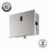 Premium electronic built-in toilet flush valve with battery powered operation, concealed installation and water-saving flow limiter technology.