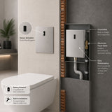 Premium electronic built-in toilet flush valve with battery powered operation, concealed installation and water-saving flow limiter technology.
