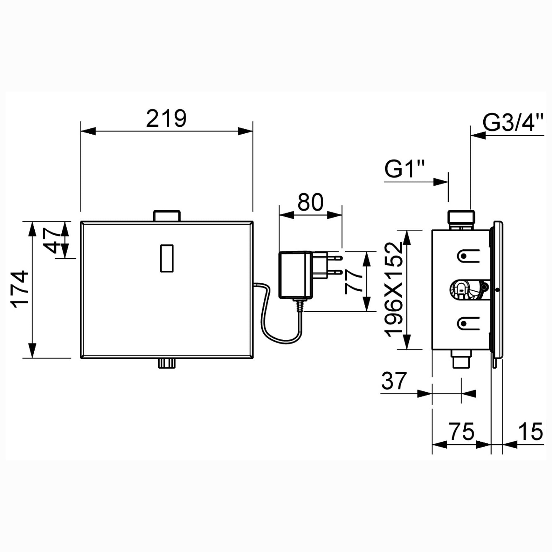 Premium mains-powered electronic flush valve with concealed built-in installation and water-saving flow limiter technology.