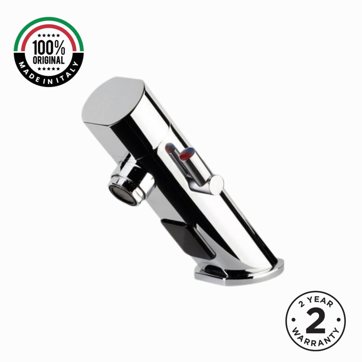 Premium mains-powered electronic sink mixer tap with above-counter installation, flexible hose connection and water-saving flow limiter technology.