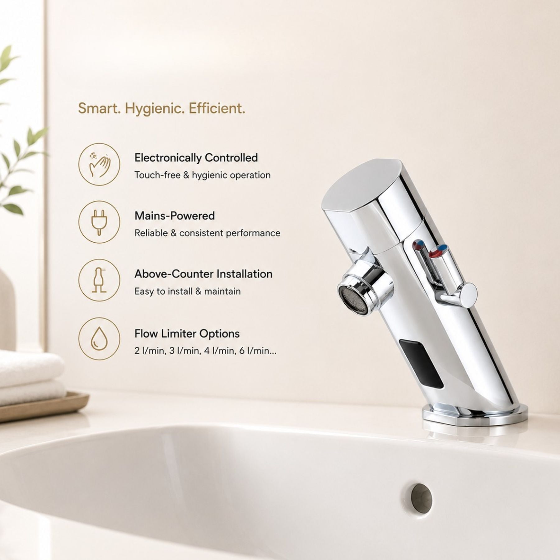 Premium mains-powered electronic sink mixer tap with above-counter installation, flexible hose connection and water-saving flow limiter technology.