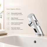 Premium mains-powered electronic sink mixer tap with above-counter installation, flexible hose connection and water-saving flow limiter technology.