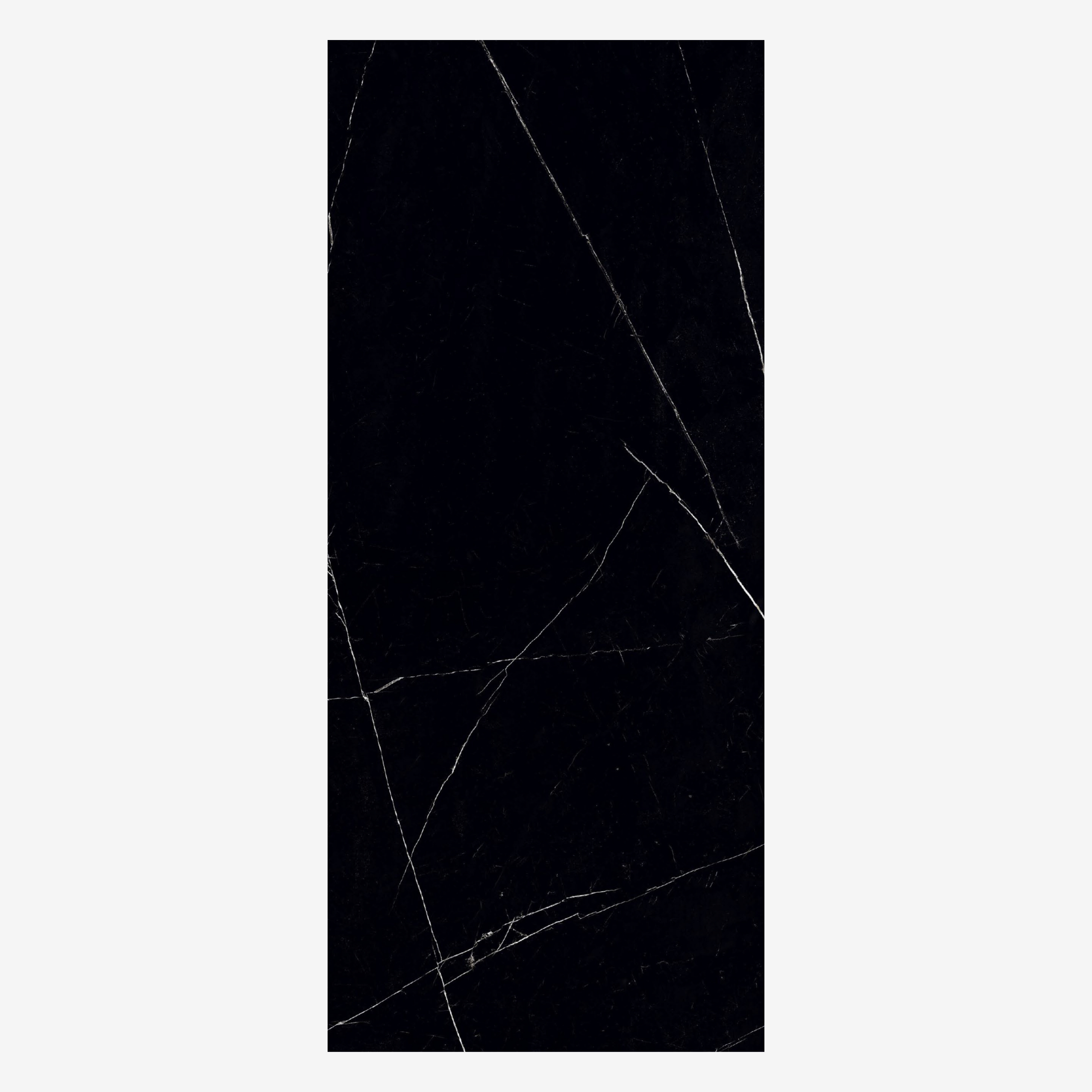 ROYAL MARQUINA 120x278cm black marble look tile with elegant veining and a luxurious glossy finish. A premium large format tile for sophisticated interiors.
