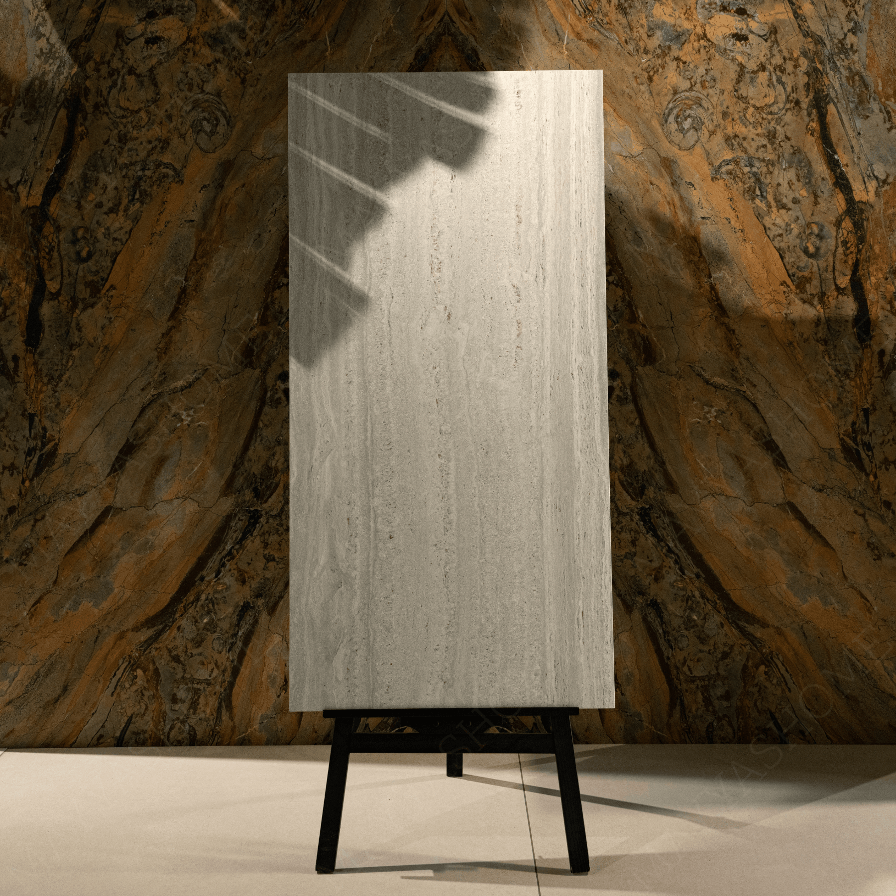 Roma Travertino Bianco porcelain tile 60x120cm 9mm thickness, white travertine marble look design, durable porcelain tile for elegant floors and walls.