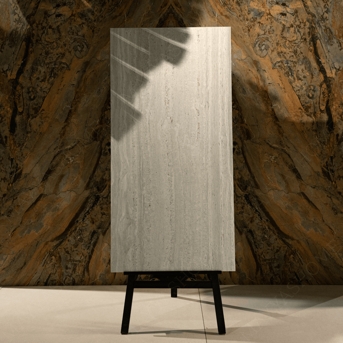 Roma Travertino Bianco porcelain tile 60x120cm 9mm thickness, white travertine marble look design, durable porcelain tile for elegant floors and walls.