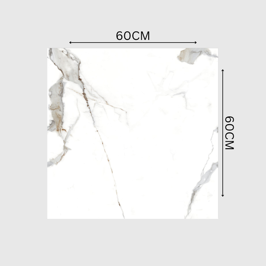 STATUARIO LITHIC 60x60cm Glossy Porcelain Tile – 09MM Bold White Marble Look 1800