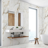 Serbia Gold 120x278cm glossy porcelain tile with golden veining on a creamy base. Luxurious 09mm slab for premium floors and feature walls.