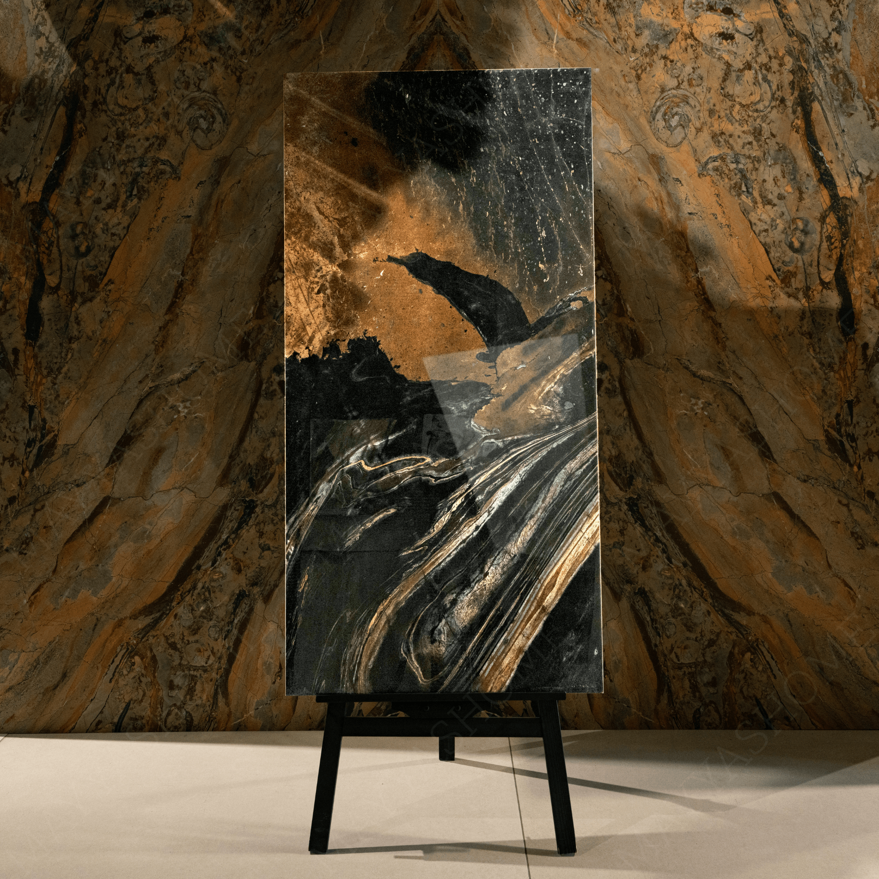 Shop SIMONA BLACK large format porcelain tile 600x1200mm with a high glossy marble-look finish and 9MM thickness. Durable, scratch-resistant, and ideal for floors and walls in modern interiors. Perfect for elegant, easy-care spaces.