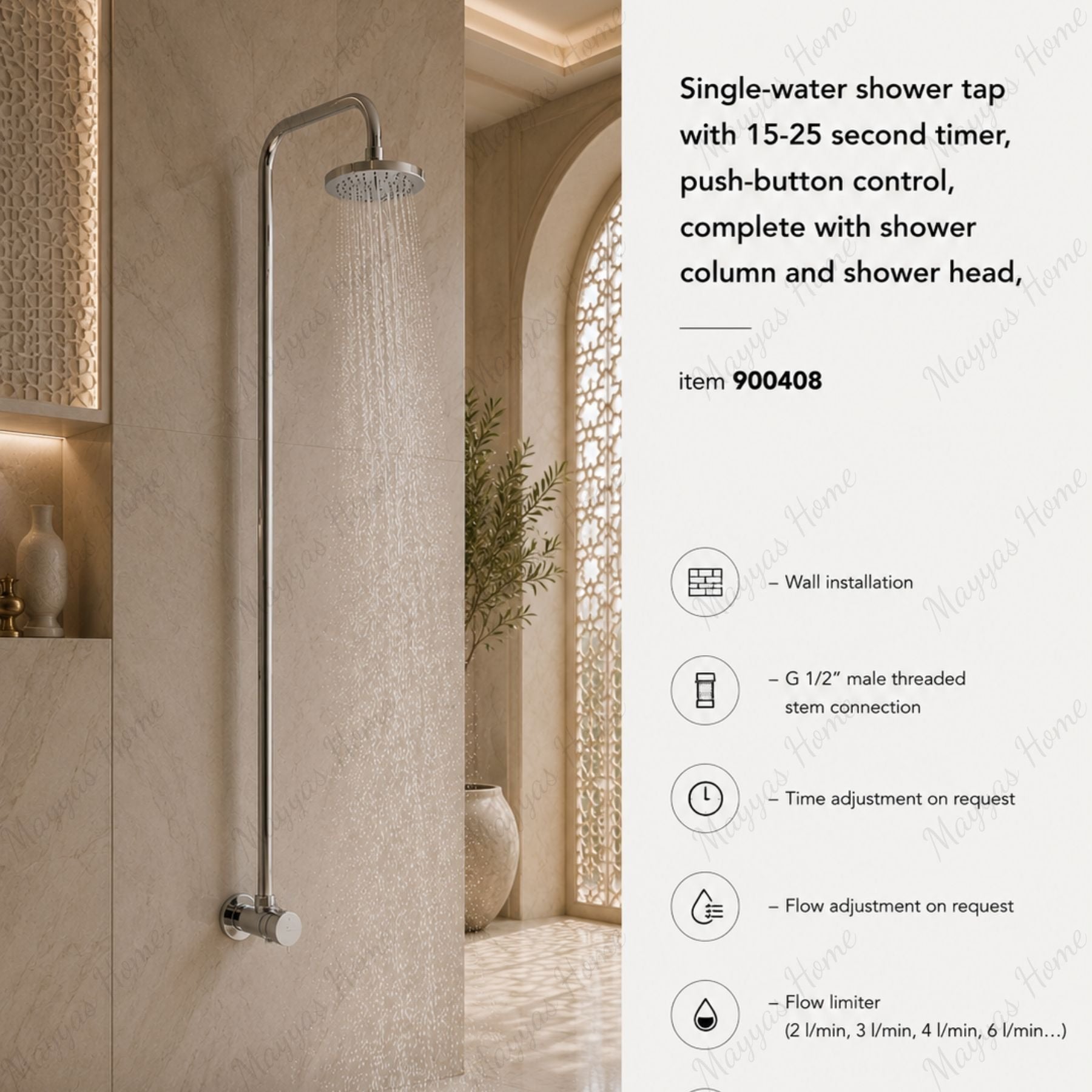 Single-water shower tap with 15–25 second timer, shower column, shower head and anti-vandal design. Ideal for gyms, hospitals and public facilities in UAE.