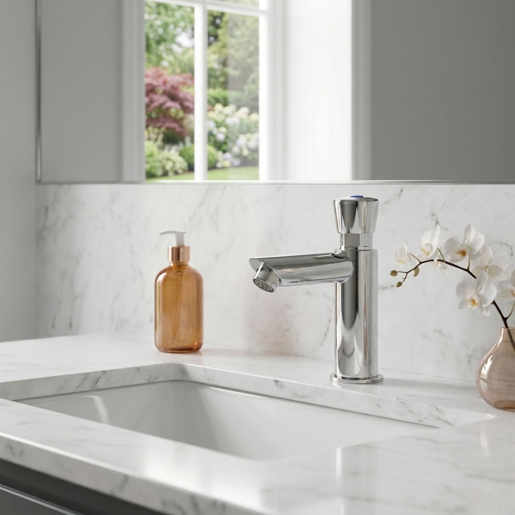 Single water timed sink tap with 8–12 second push-button control, anti-vandal protection and water-saving flow options. Ideal for UAE commercial and public washrooms.