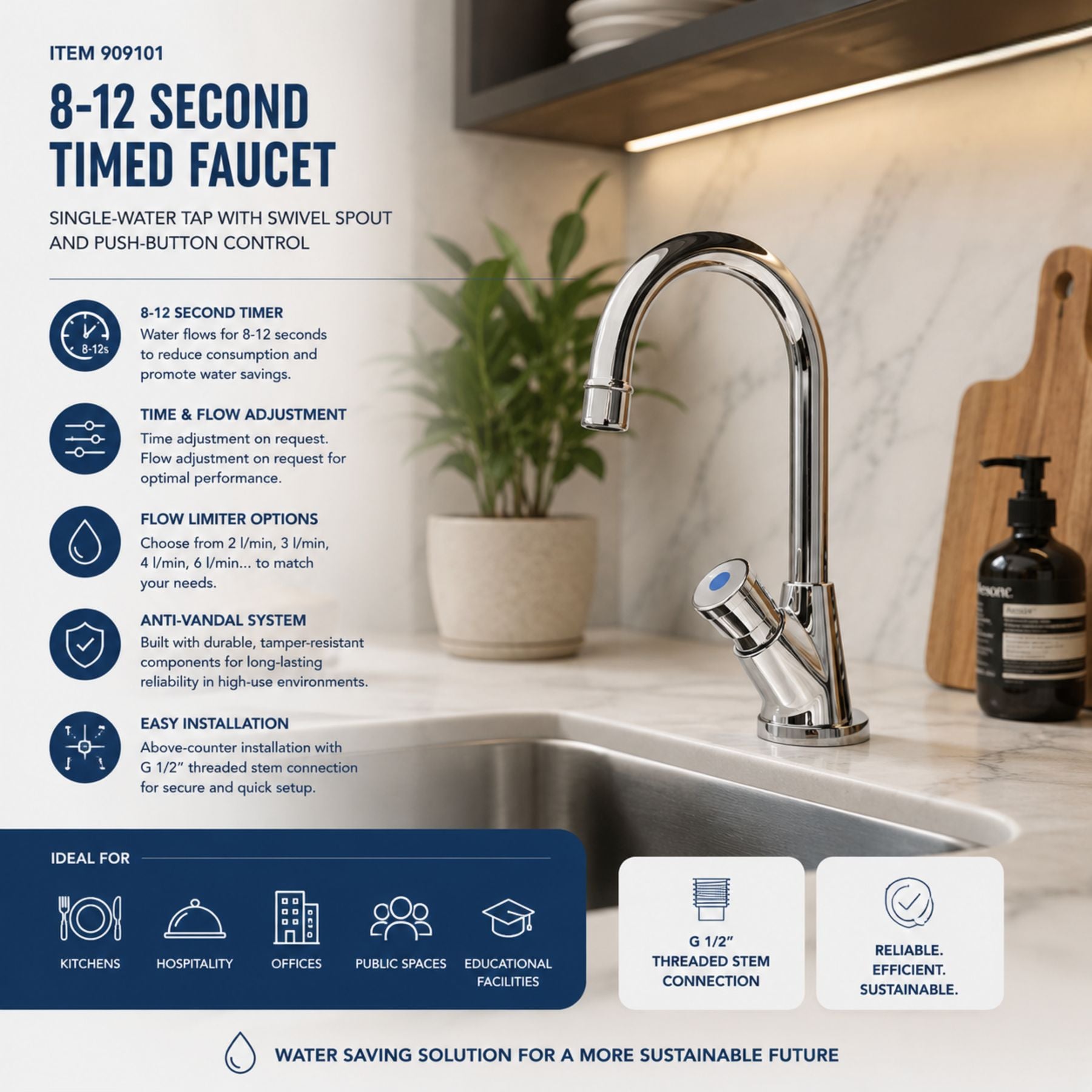 Single water timed washbasin tap with swivel spout, push-button control and anti-vandal protection. Ideal for UAE commercial and public washrooms.