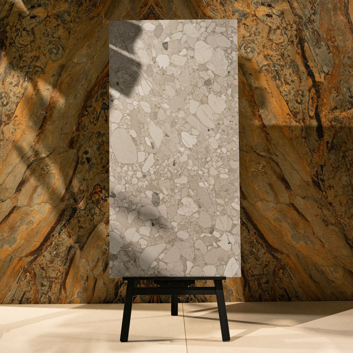 Sparkle Roman Crema porcelain tile with refined stone texture, soft sparkle effect and durable 9mm thickness for luxury spaces.