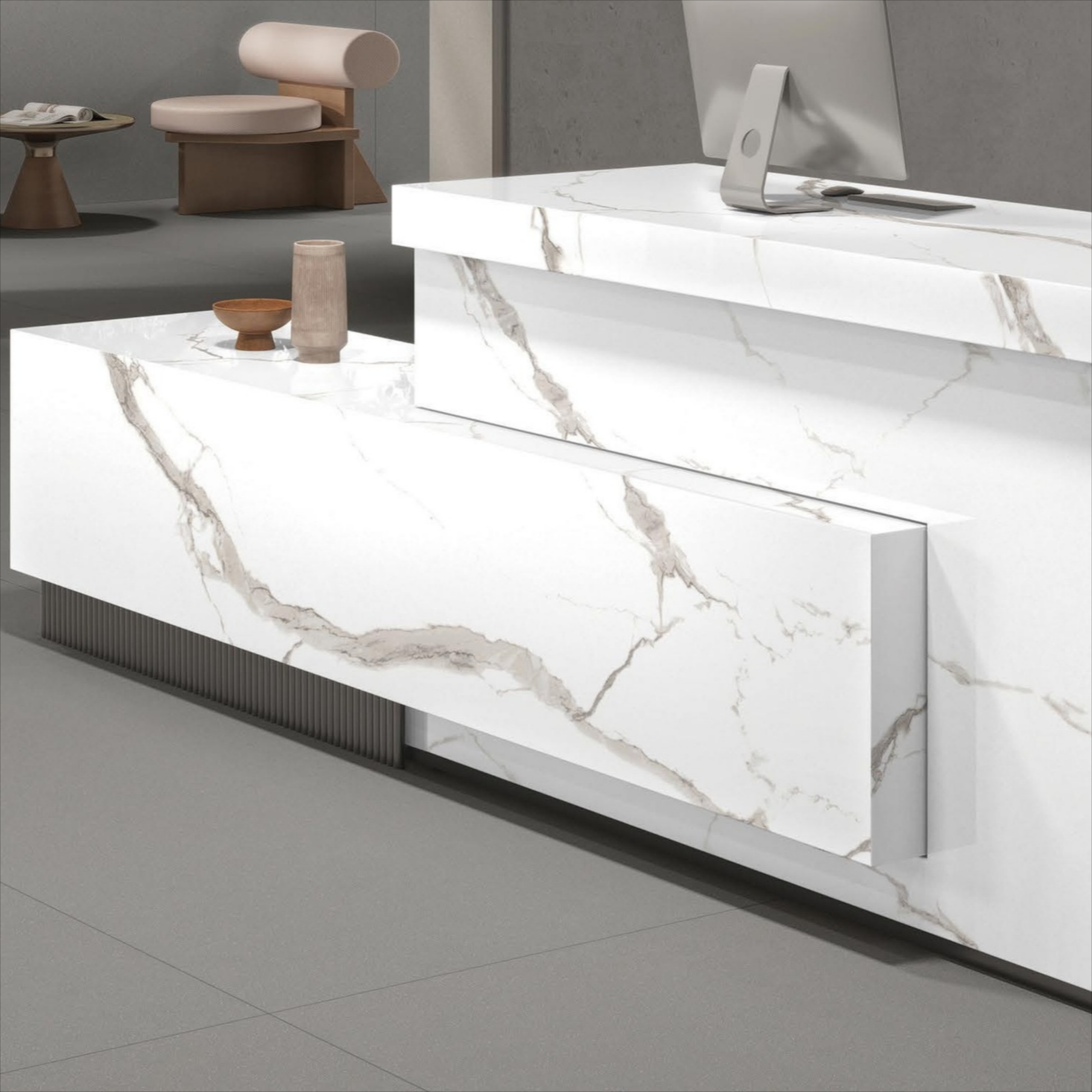 Statuario Ice white body porcelain tile with elegant Statuario marble-look design