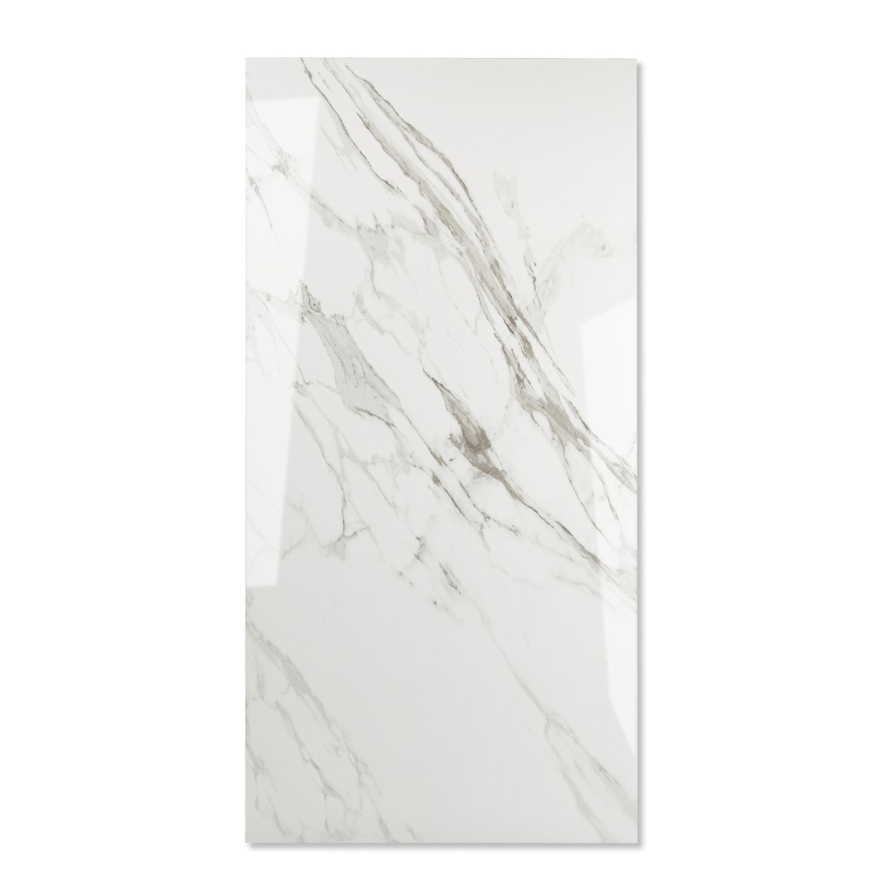 Statuario Classic glossy marble effect porcelain tile 60x120cm with 9mm thickness features white base, elegant grey veining and polished luxury finish.