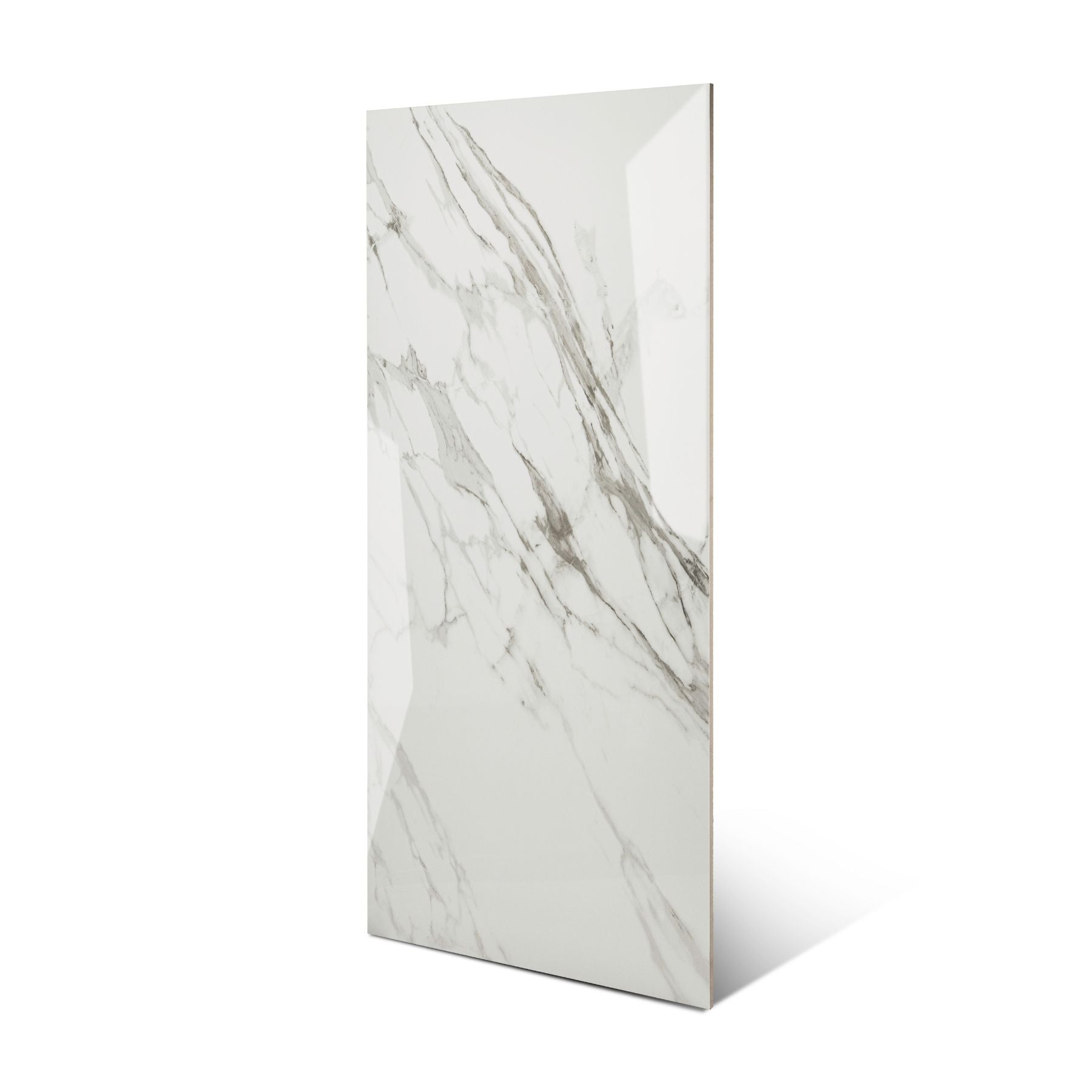 Statuario Classic glossy marble effect porcelain tile 60x120cm with 9mm thickness features white base, elegant grey veining and polished luxury finish.