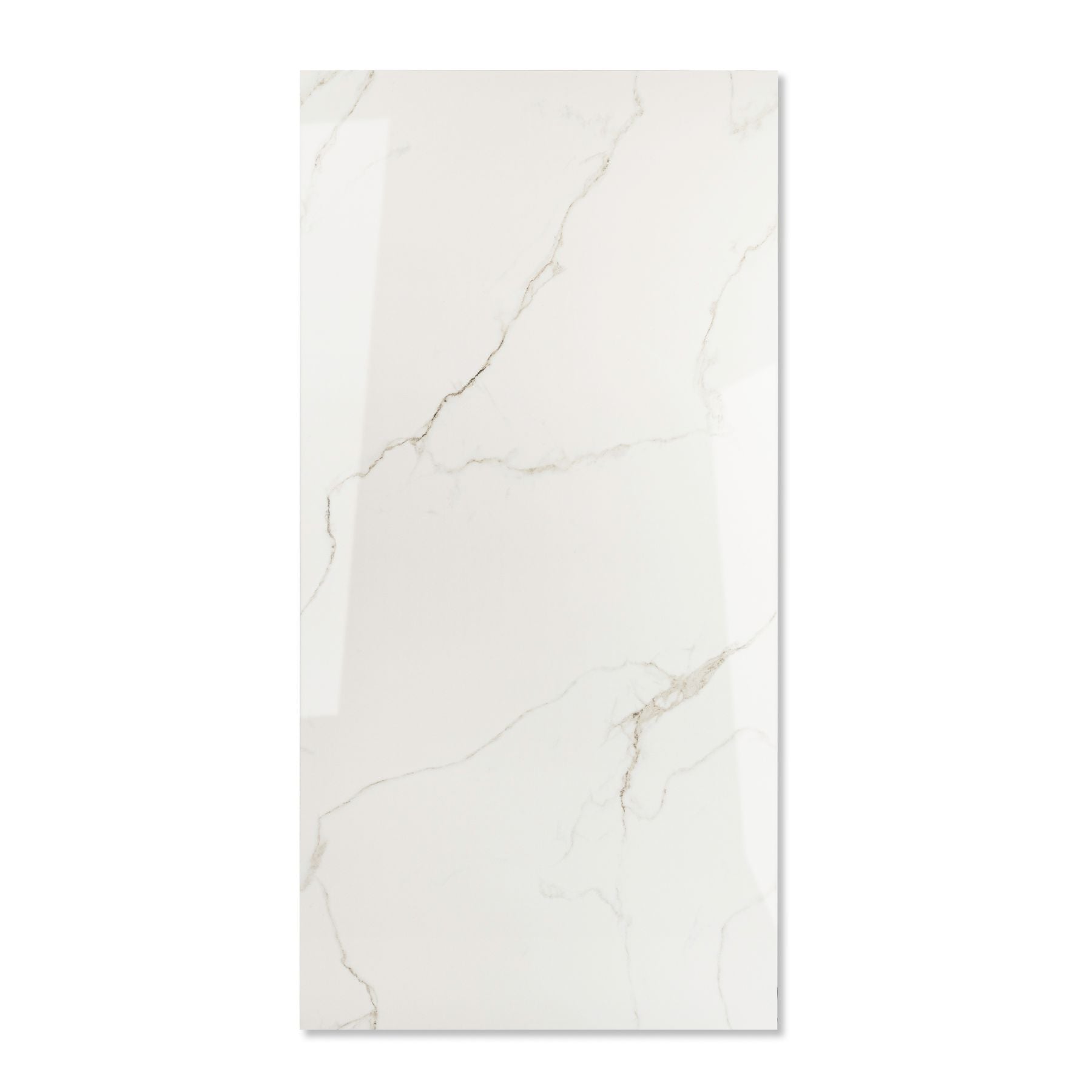 Statuario Ocean glossy marble effect porcelain tile 60x120cm with 9mm thickness features white base, soft grey veining, subtle ocean tones and polished finish.