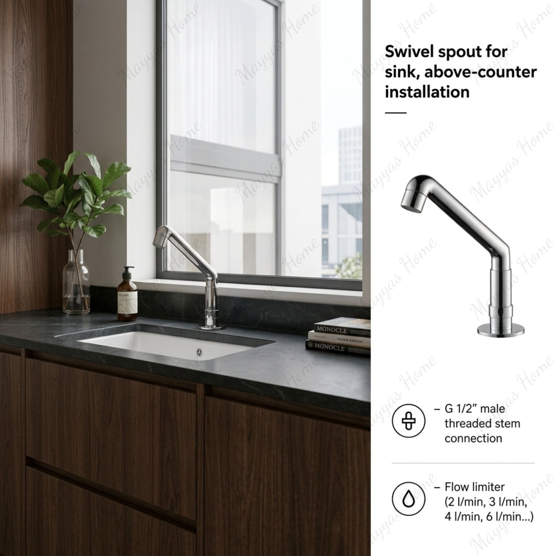 Swivel sink spout for above-counter installation with G1/2 male connection and flow limiter options. Ideal for kitchens, hospitals and commercial spaces in UAE.