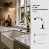 Swivel sink spout for above-counter installation with G1/2 male connection and flow limiter options. Perfect for kitchens, hospitals, hotels and commercial spaces in UAE.