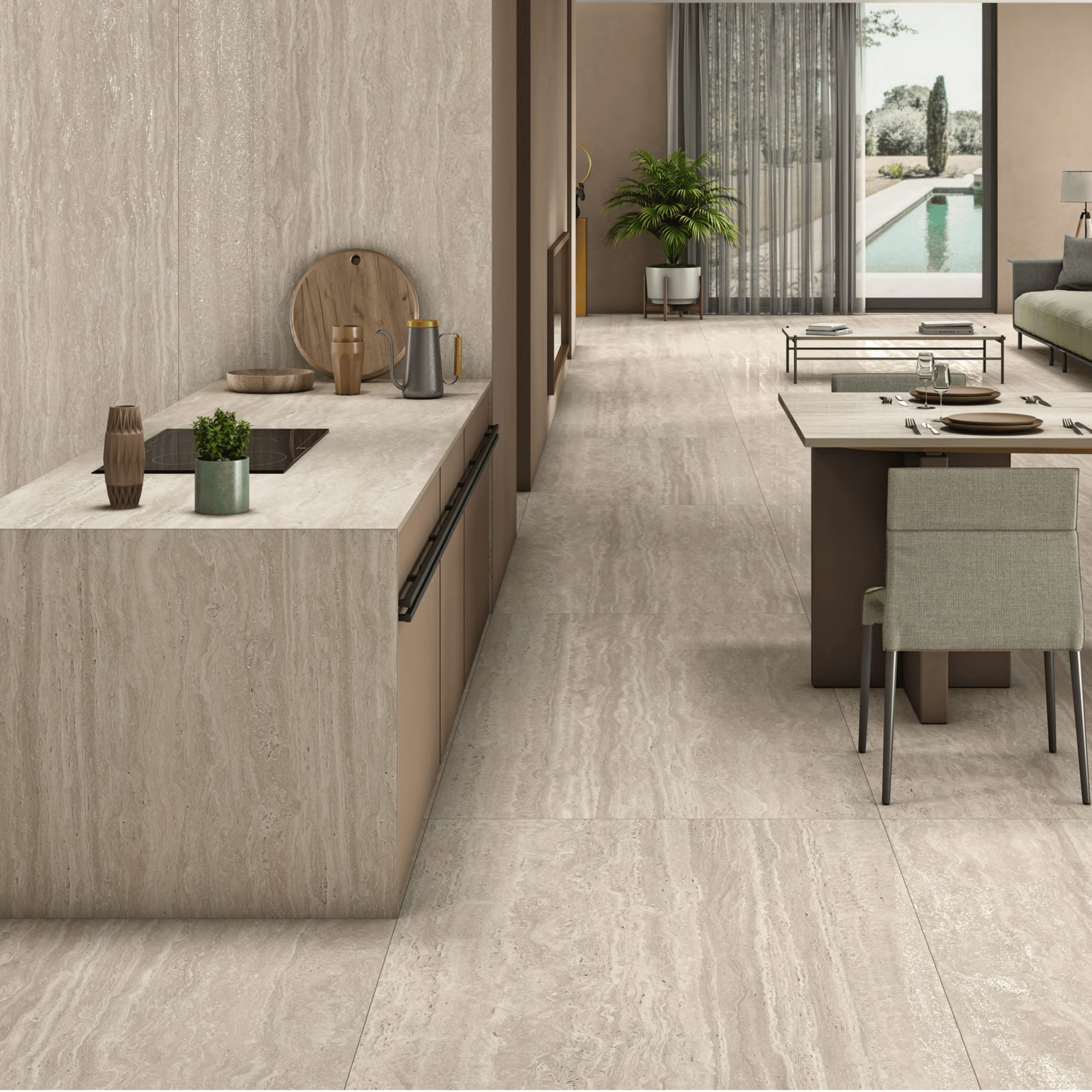 TRAVERTINO 120x278cm travertine look tile with natural textures and a sleek matt finish. A premium large format tile for elegant and timeless interiors.
