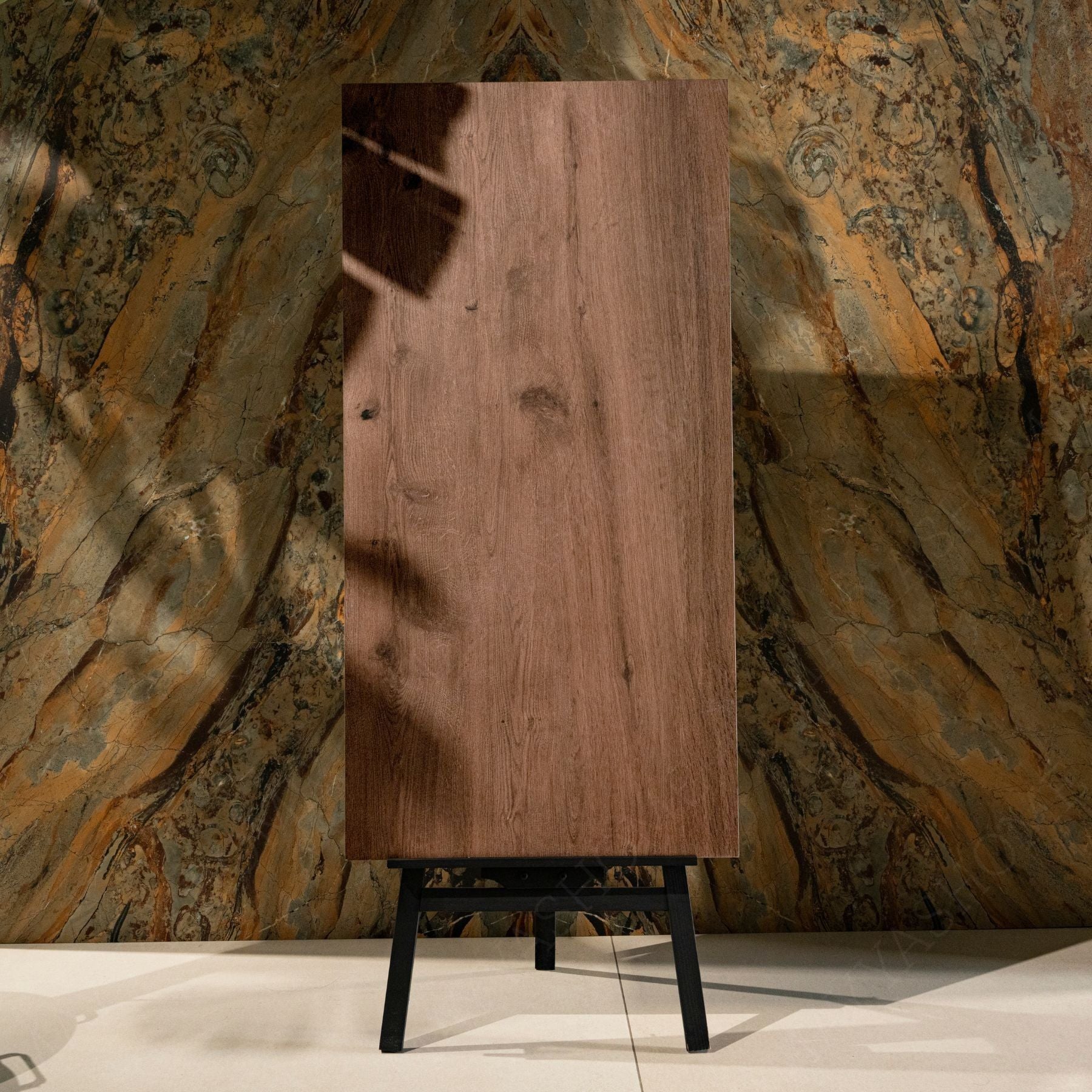 Teak Wood Brown porcelain tile 60×120cm features a realistic wood grain design, warm brown tones, durable porcelain body for floors and walls.