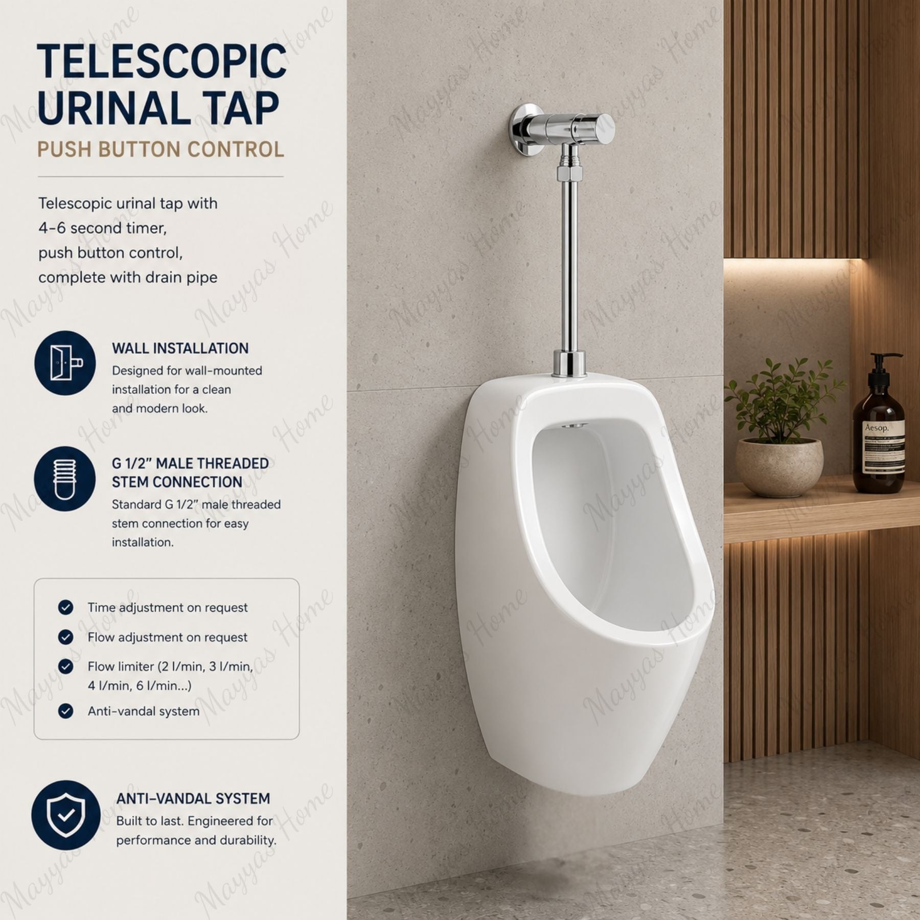 Telescopic timed urinal tap with drain pipe, push-button control and anti-vandal system. Ideal for commercial, healthcare and public washrooms in UAE.