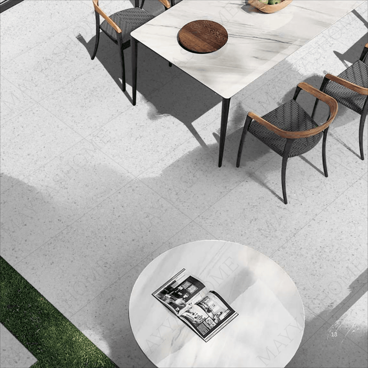 Terrazo Bianco 60x120cm porcelain tile, 20mm thick with R11 rough matt finish. Elegant terrazzo look, ideal for outdoor and high-traffic spaces.