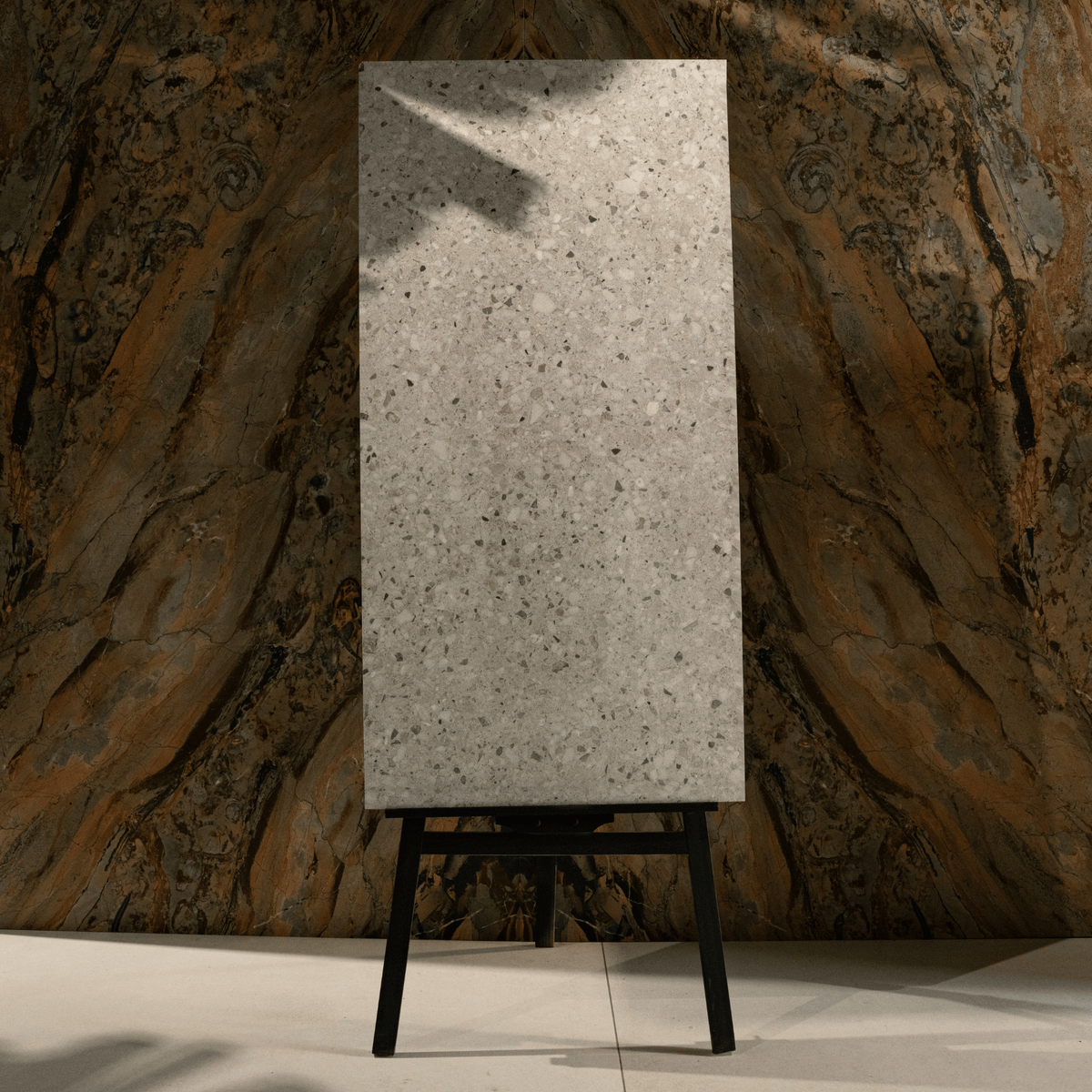 Terrazo Crema porcelain tile 60x120cm 20mm thickness, terrazzo look design, durable porcelain tile for indoor and outdoor floors.