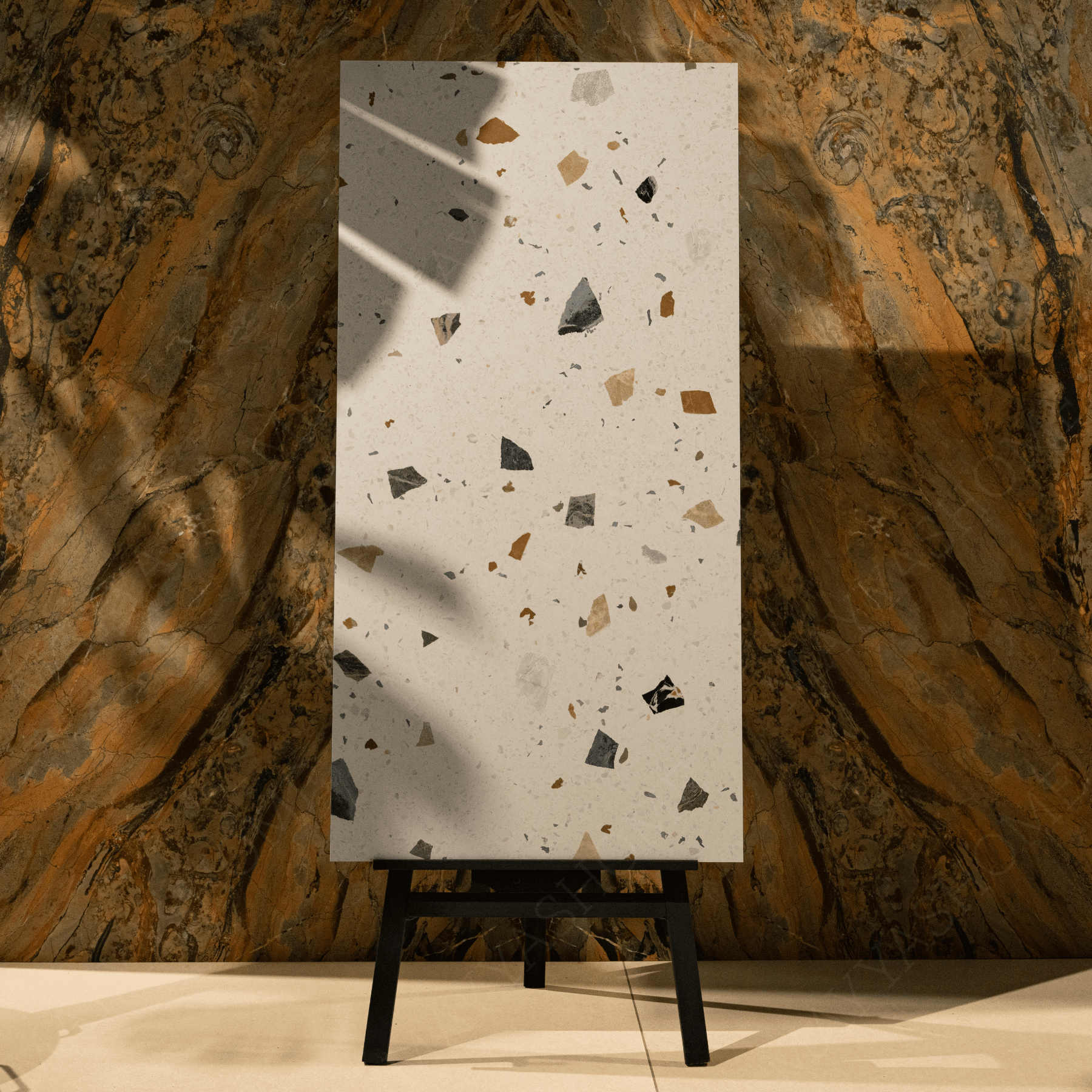Terrazzo Pastel porcelain tile 60x120cm with 9mm thickness, terrazzo look finish, durable porcelain, ideal for floors and walls.