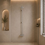 Timed shower mixer tap with 15–25 second push-button control, shower column, shower head and anti-vandal design. Ideal for commercial shower facilities in UAE.