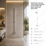 Timed shower mixer tap with 15–25 second push-button control, shower column, shower head and anti-vandal design. Ideal for commercial shower facilities in UAE.