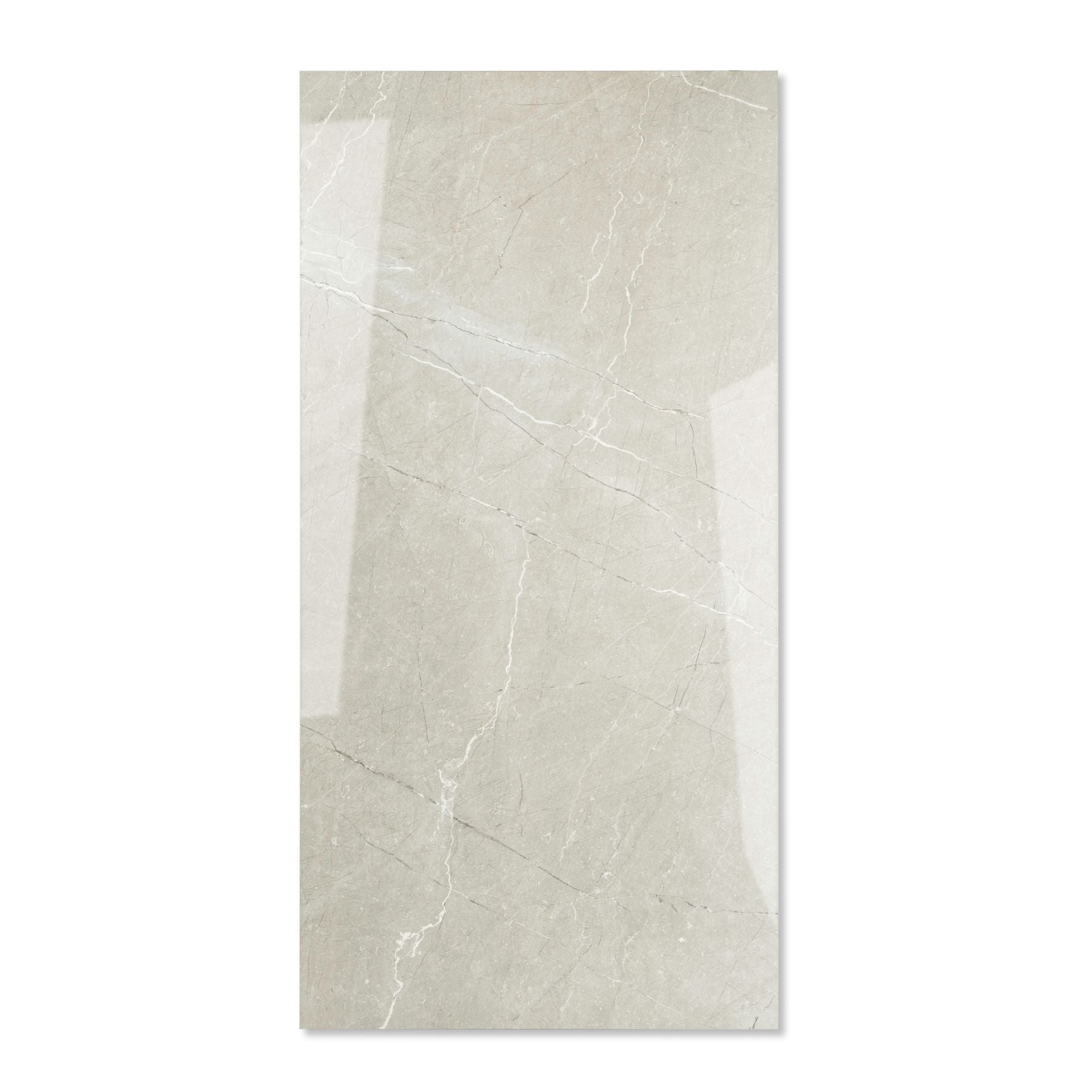 Toscana Grey glossy marble effect porcelain tile 60x120cm with 9mm thickness features soft grey tones, natural veining and polished finish.