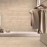 Travertine Beige 120x240cm glossy porcelain tile with warm stone look. Durable 9mm design for elegant floors and walls.