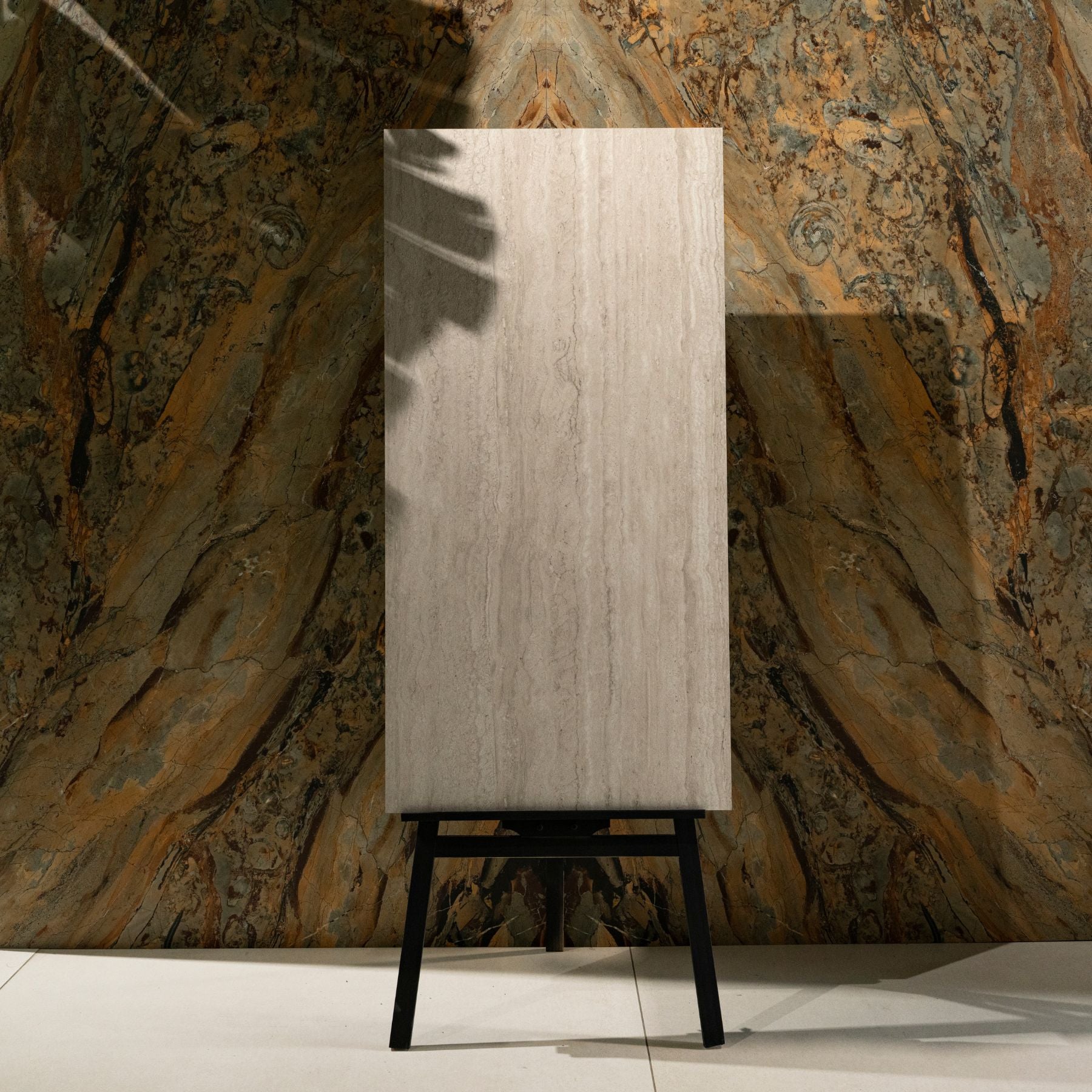 Travertine Dust matt porcelain tile 60x120cm x 2mm with natural stone look. Elegant large format tile perfect for modern floors and walls in residential or commercial spaces.