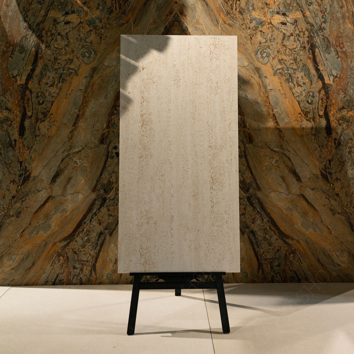 Travertino Beige matt porcelain tile 60x120cm with 9mm thickness features warm beige tones, travertine stone texture and natural matte finish.