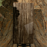 Travertino Texo Brown 80x160cm 9 mm high glossy porcelain tiles. Luxurious brown marble-look floor & wall tiles for UAE interiors.