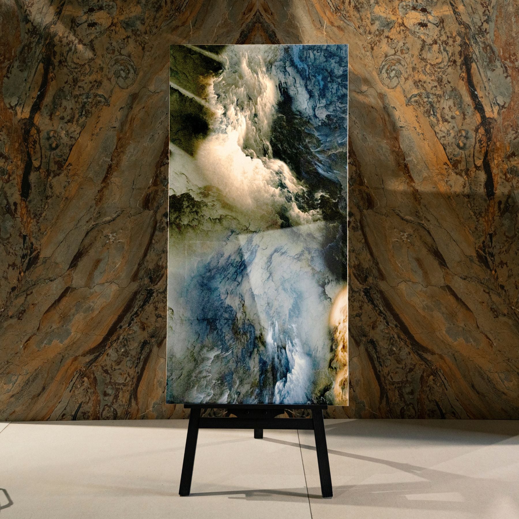 Turkish Multy glossy stone effect porcelain tile 60x120cm with 9mm thickness features blended natural tones and polished luxury finish.