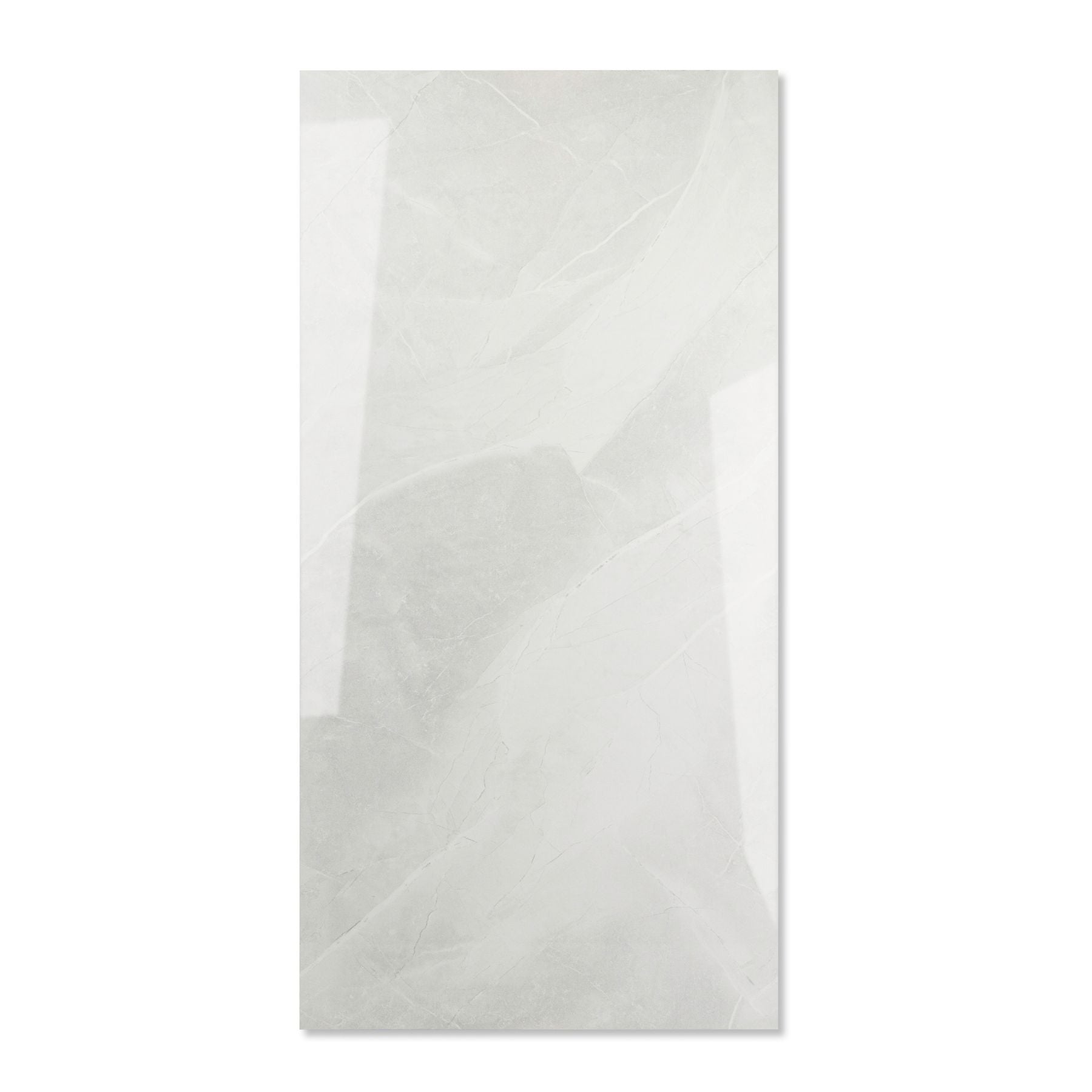 Unica White glossy marble effect porcelain tile 60x120cm with 9mm thickness features bright white tones, subtle marble veining and polished finish.