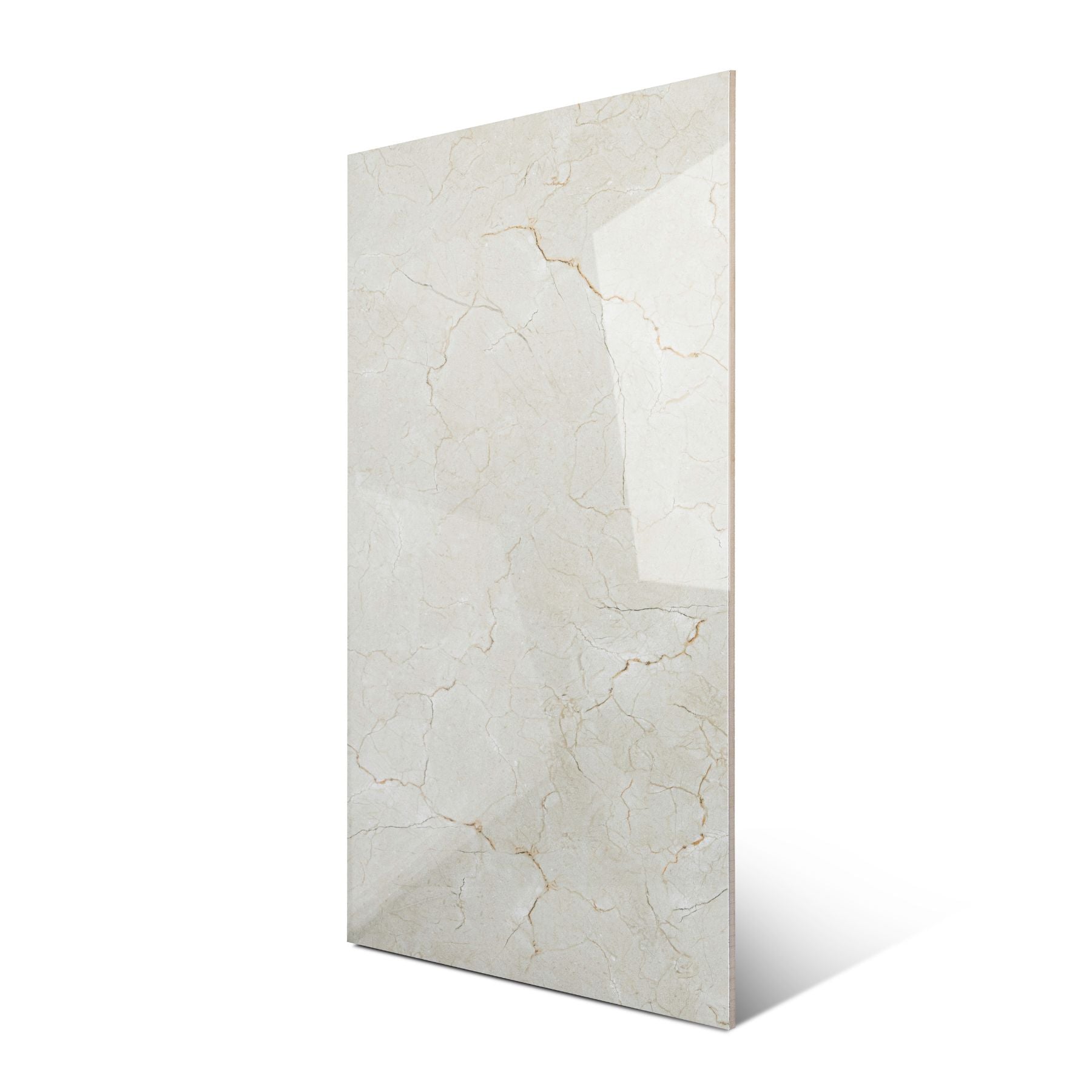 Vanilla Mist glossy marble effect porcelain tile 60x120cm with 9mm thickness features soft creamy tones and elegant shine.
