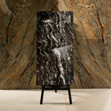 Vercel Black glossy marble porcelain tile 60x120cm with 9mm thickness features deep black base, subtle veining and polished finish.
