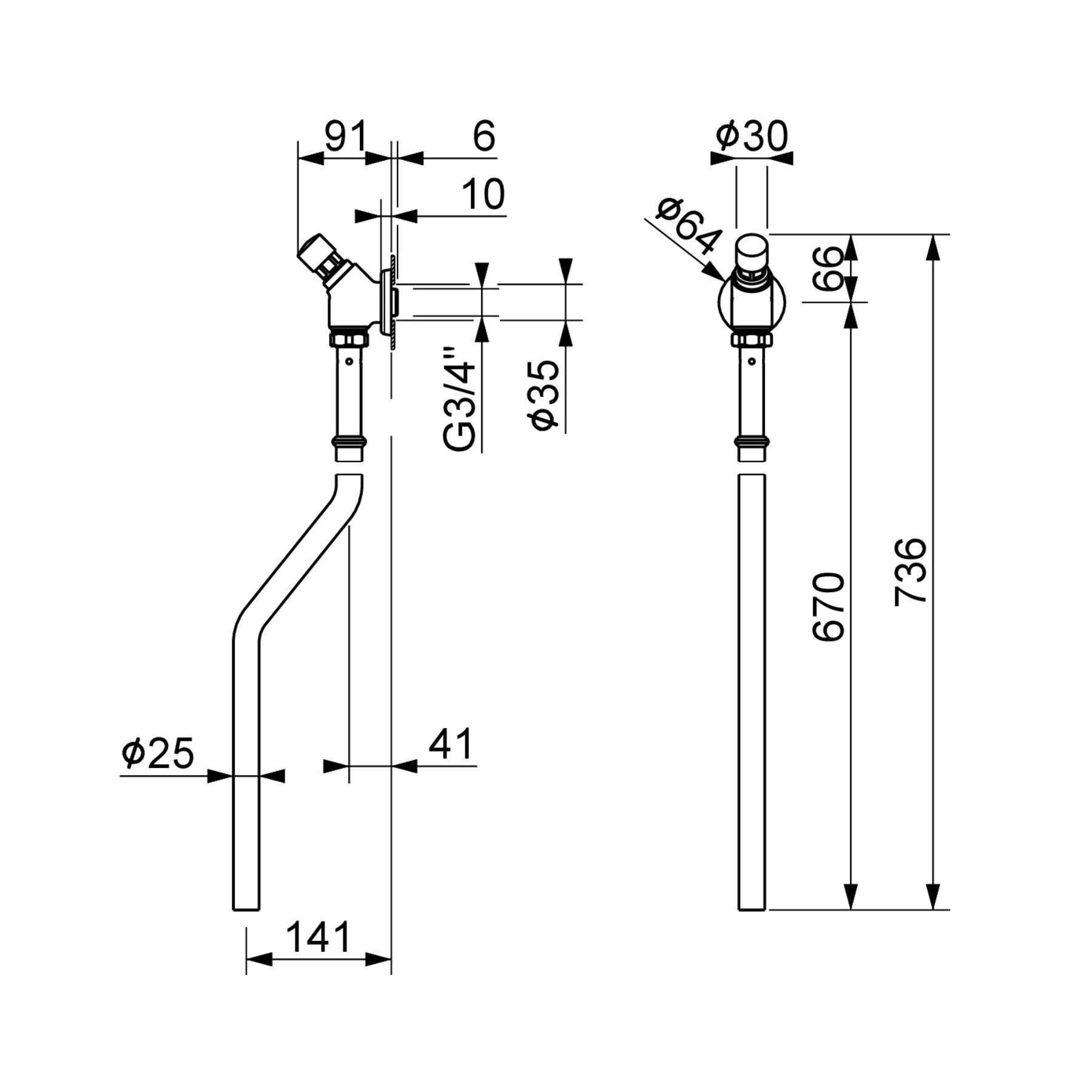 Wall-mounted toilet flush valve with push-button timer control, shaped drain pipe and G 3/4” female threaded connection. Ideal for UAE commercial washrooms.