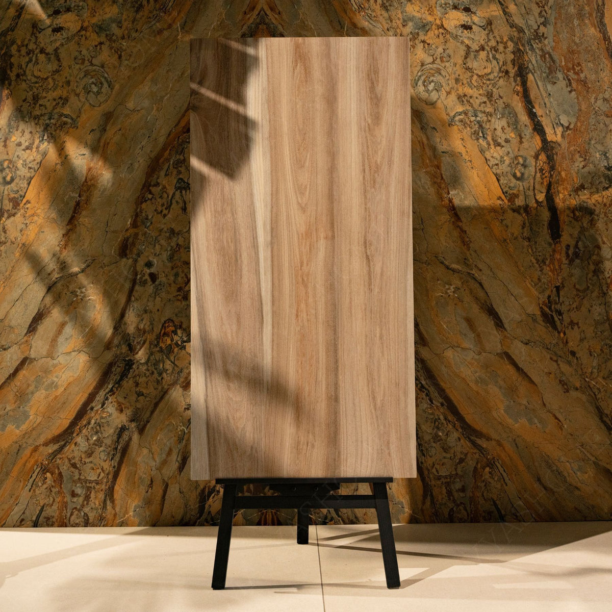 Warm Timber porcelain tile in 60x120cm size featuring rich wood grain texture, warm brown tones and durable 9mm thickness for floors and walls.