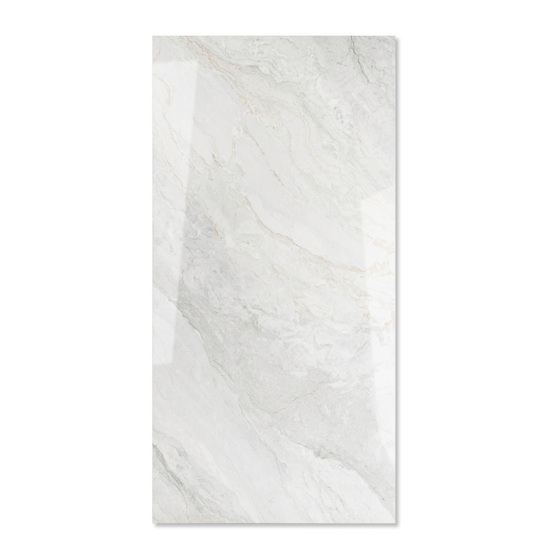 Wazti White glossy marble effect porcelain tile 60x120cm with 9mm thickness features bright white base, subtle veining and polished finish.