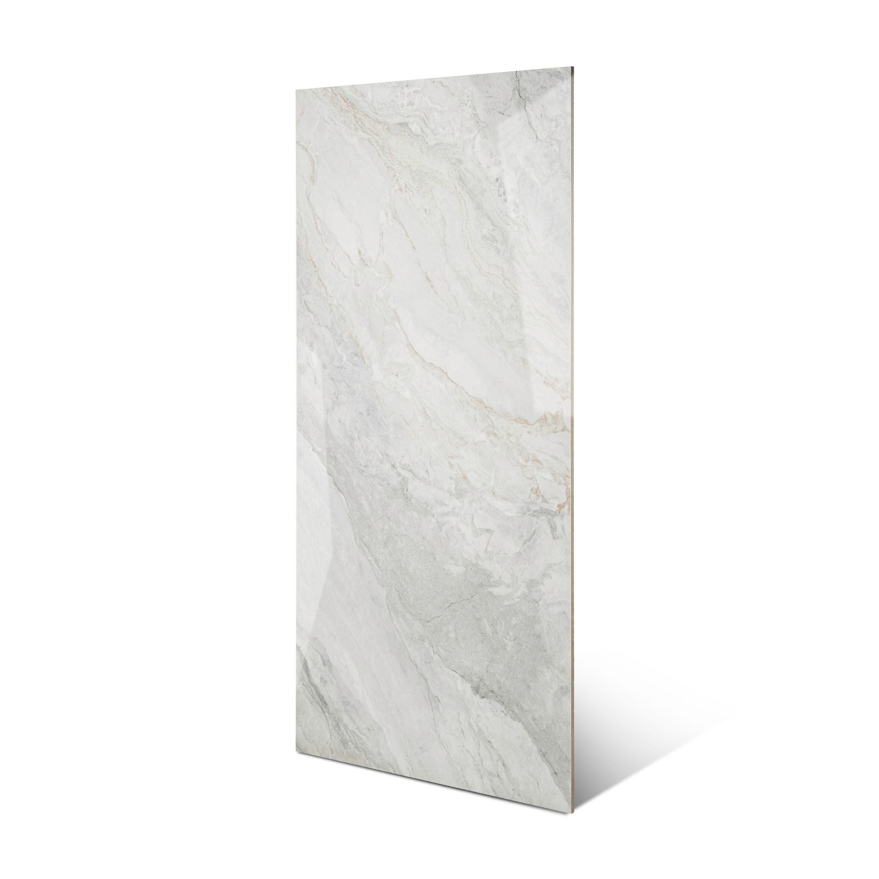 Wazti White glossy marble effect porcelain tile 60x120cm with 9mm thickness features bright white base, subtle veining and polished finish.